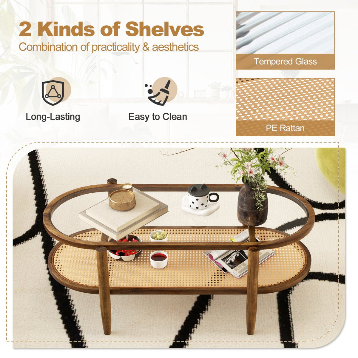 2-Tier Coffee Table with Tempered Glass Tabletop and Acacia Wood Frame-Brown view 8
