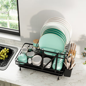 2-Tier Collapsible Dish Rack with Removable Drip Tray-Black view 2