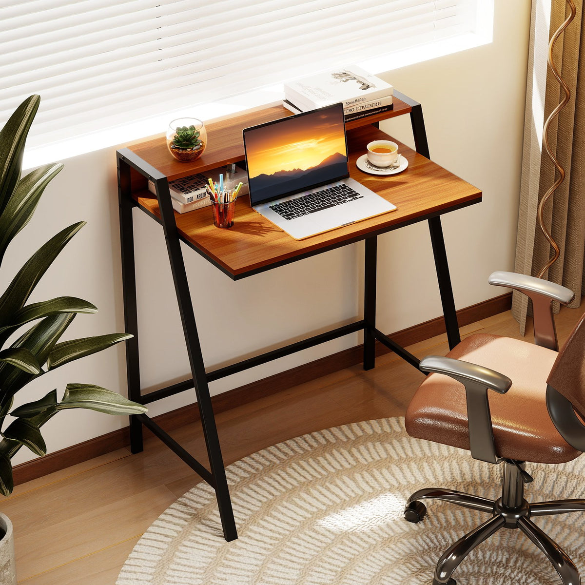 2 Tier Computer Desk PC Laptop Table Study Writing Home Office Workstation New-Walnut view 2