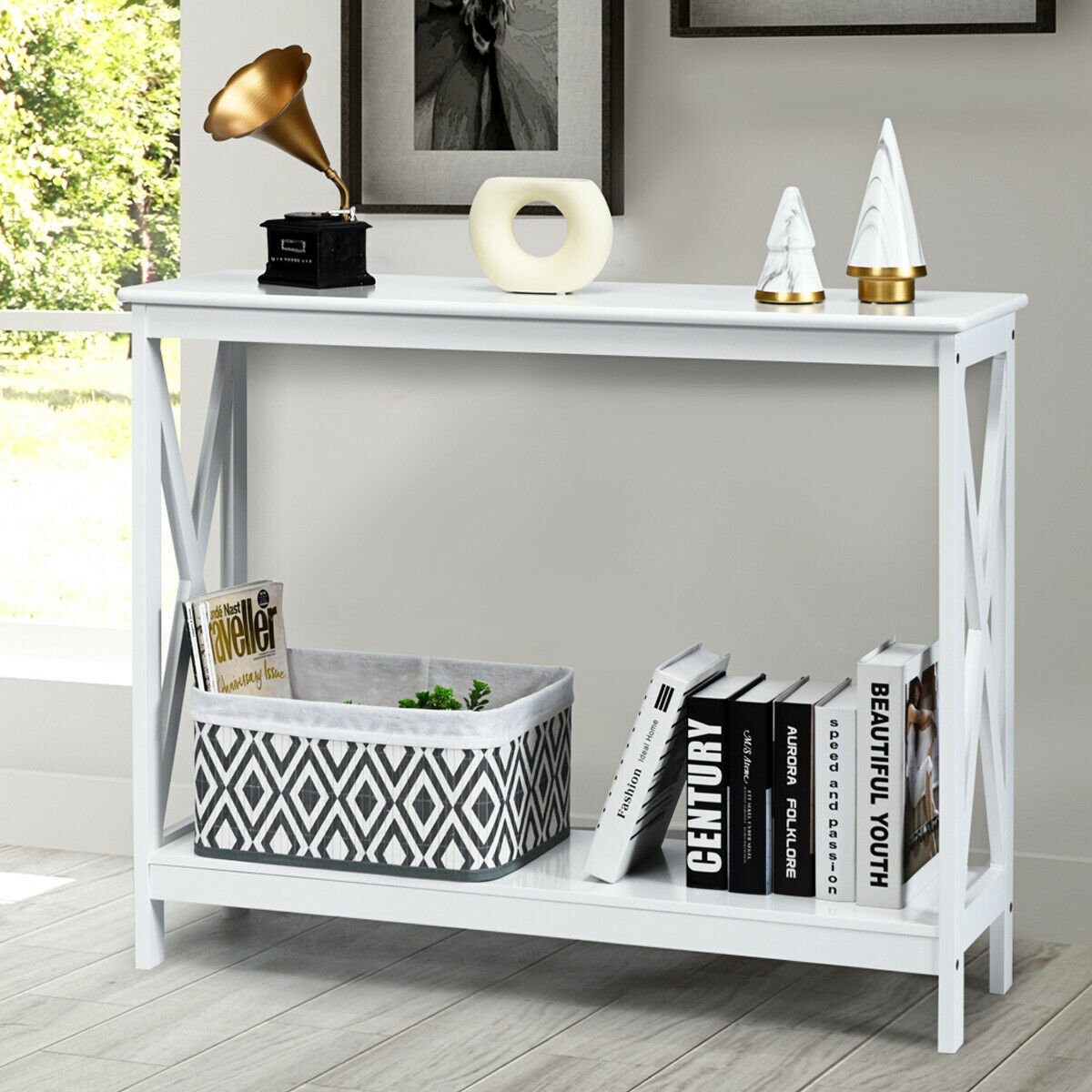 2-Tier Console X-Design Sofa Side Accent Table-White view 2