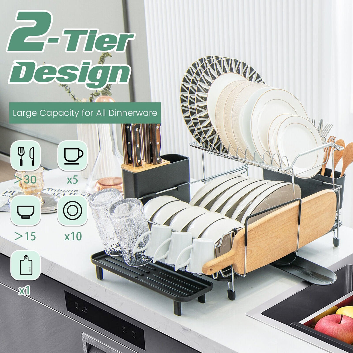 2-Tier Detachable Dish Rack with Drainboard and 360° Swivel Spout-Sliver view 2