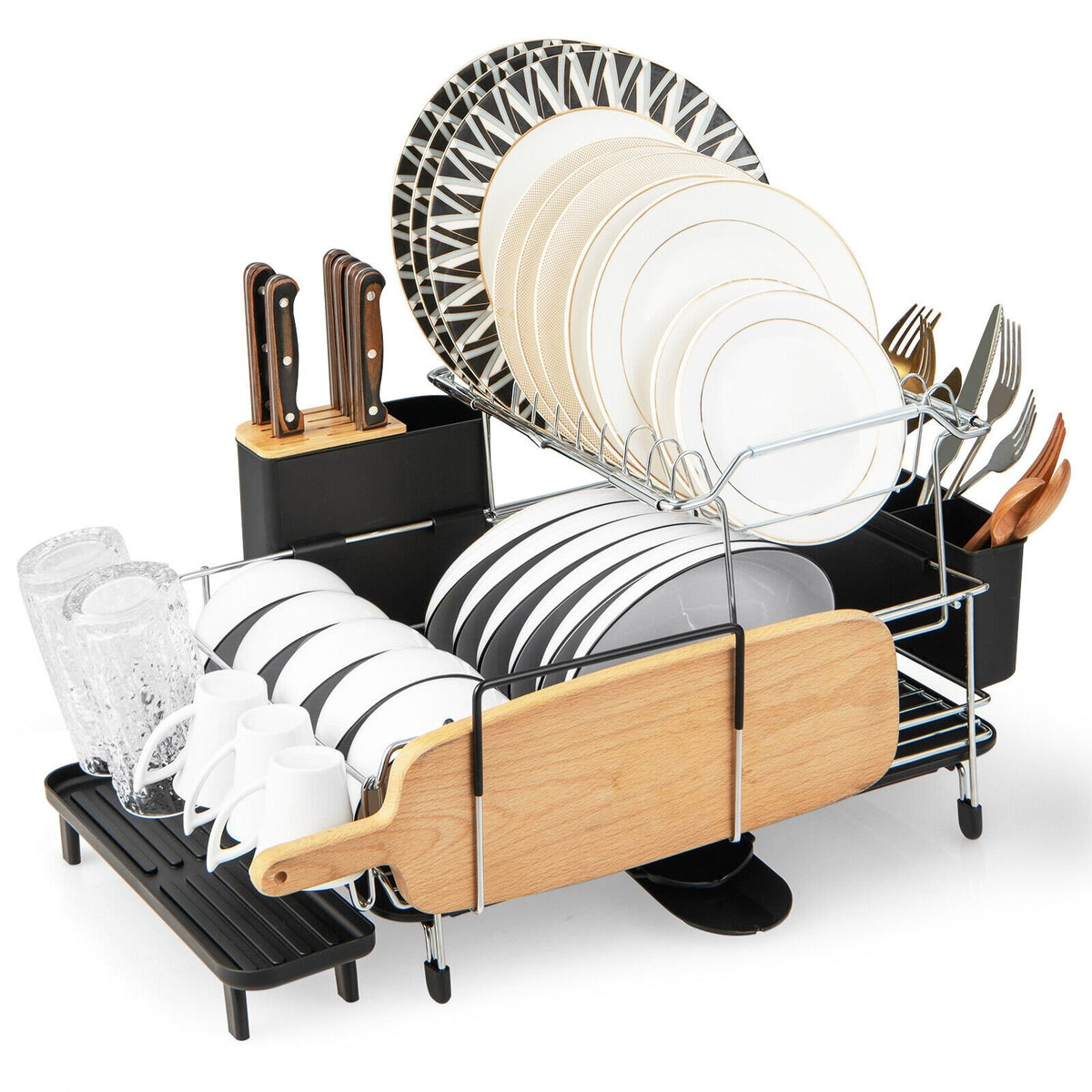 2-Tier Detachable Dish Rack with Drainboard and 360° Swivel Spout-Sliver view 4