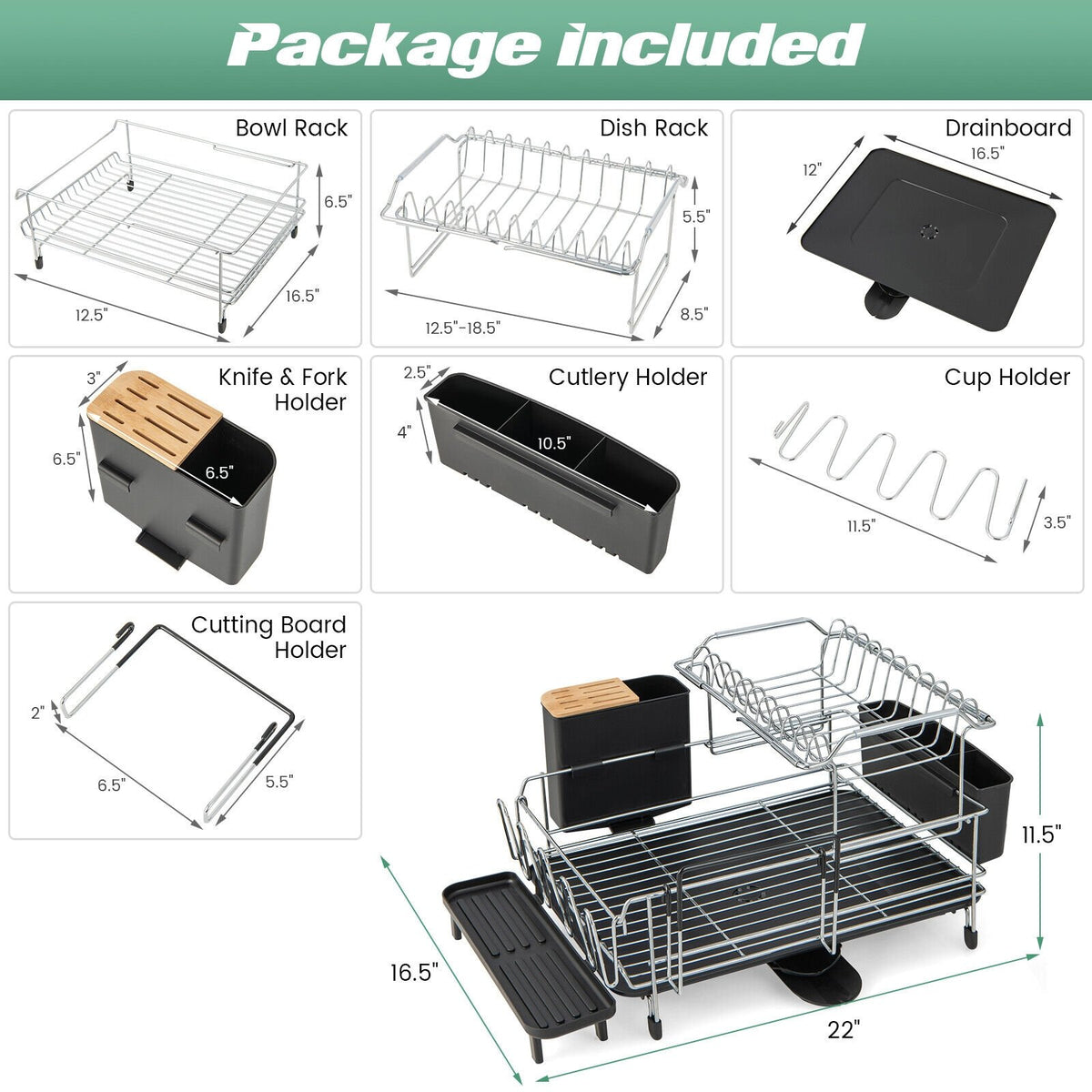 2-Tier Detachable Dish Rack with Drainboard and 360° Swivel Spout-Sliver view 5