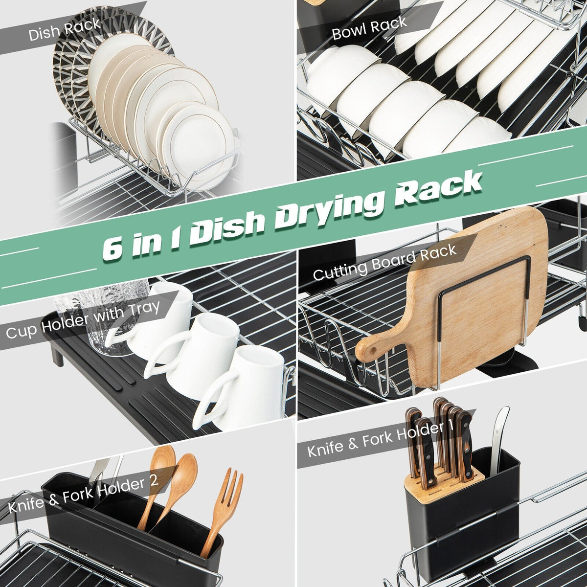2-Tier Detachable Dish Rack with Drainboard and 360° Swivel Spout-Sliver view 6