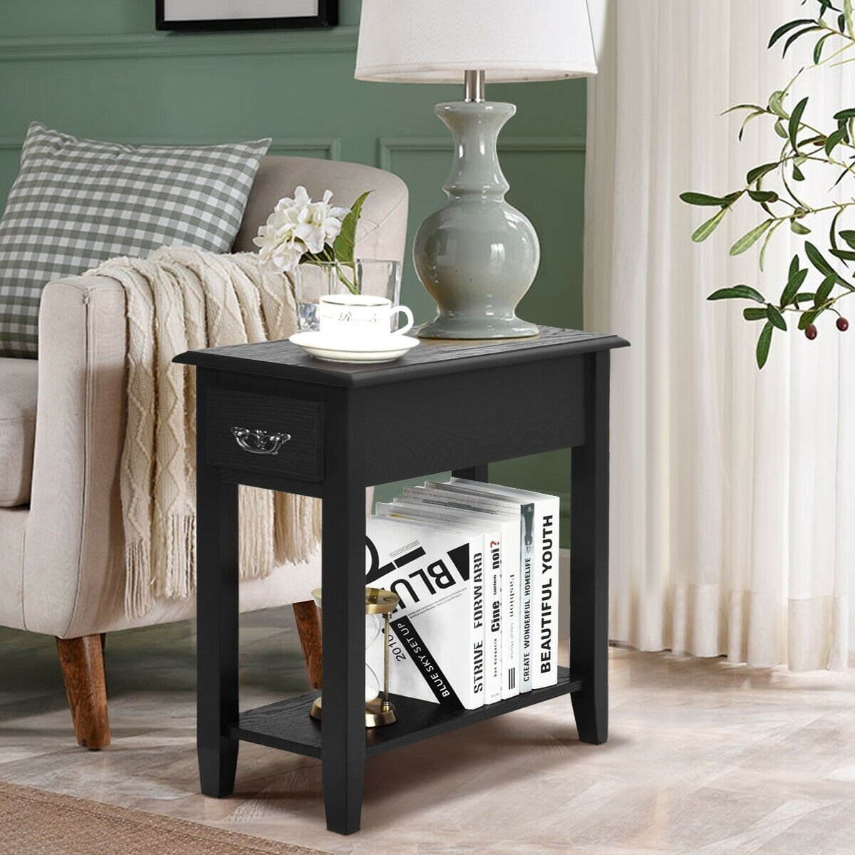 2 Tier End Bedside Sofa Side Table Narrow Nightstand-Black view 2