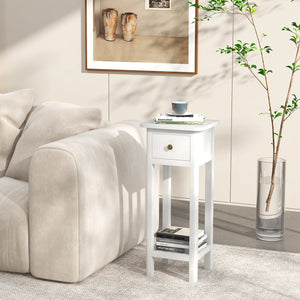 2 Tier Slim Nightstand Bedside Table with Drawer Shelf-White view 2