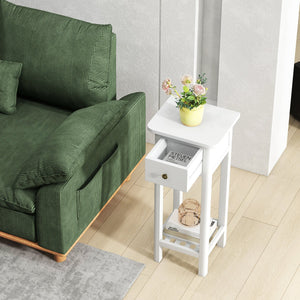 2 Tier Slim Nightstand Bedside Table with Drawer Shelf-White view 3