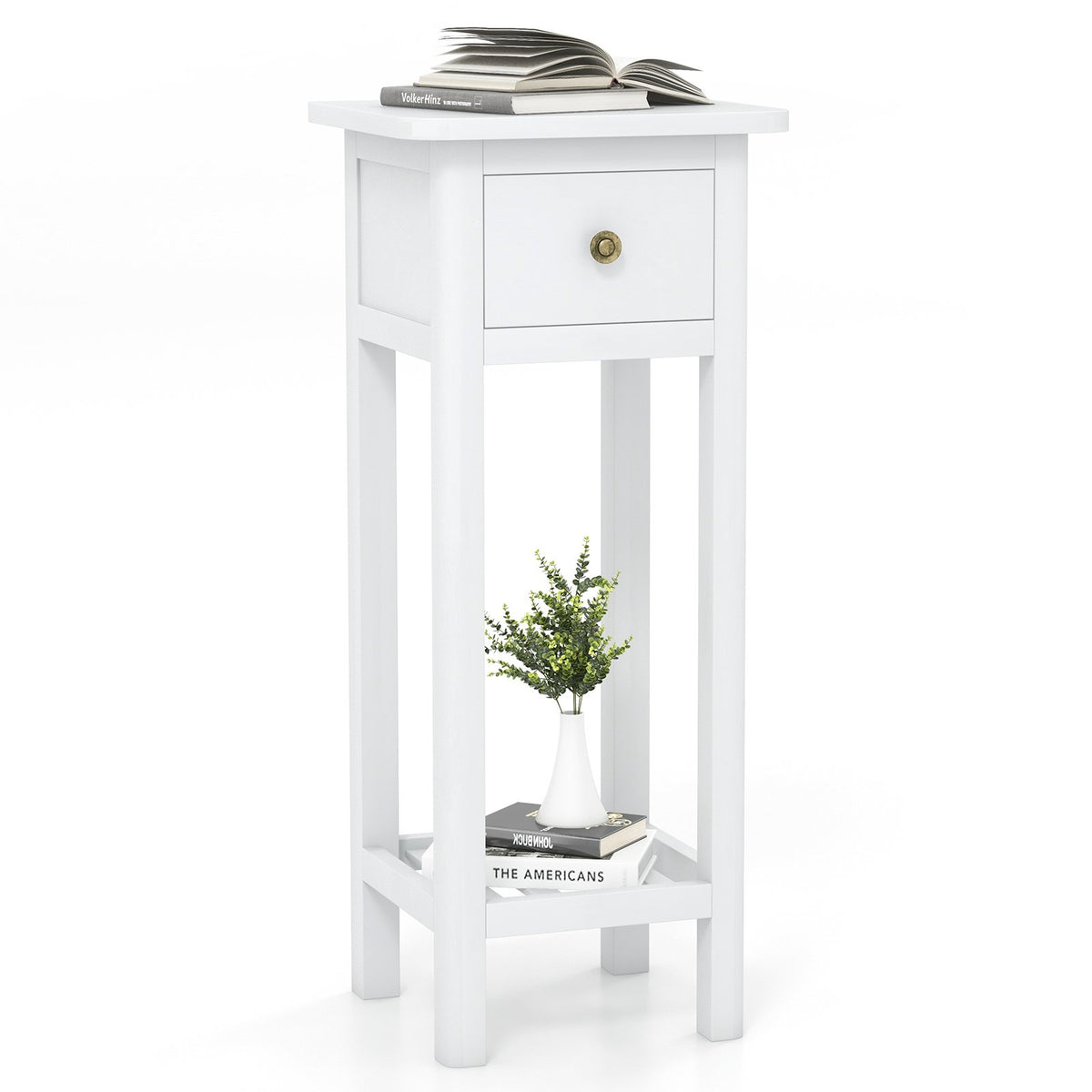 2 Tier Slim Nightstand Bedside Table with Drawer Shelf-White view 4