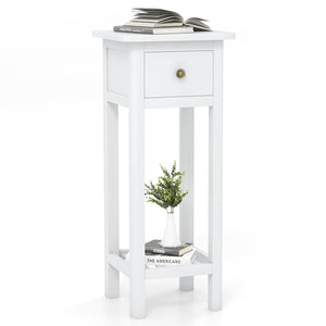 2 Tier Slim Nightstand Bedside Table with Drawer Shelf-White view 4