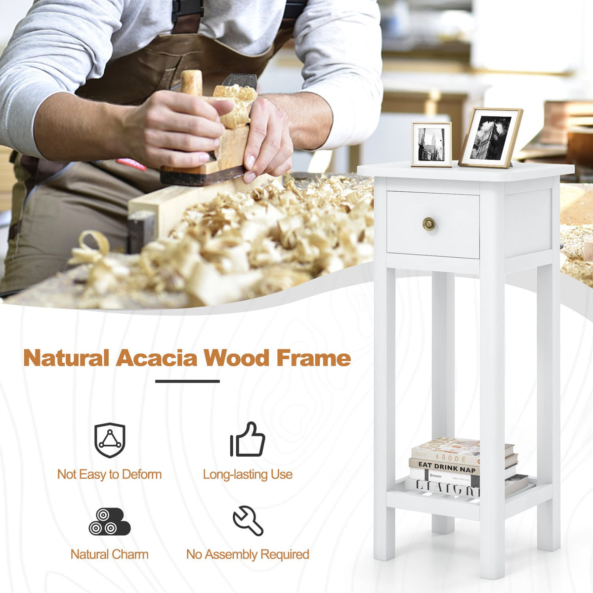 2 Tier Slim Nightstand Bedside Table with Drawer Shelf-White view 7