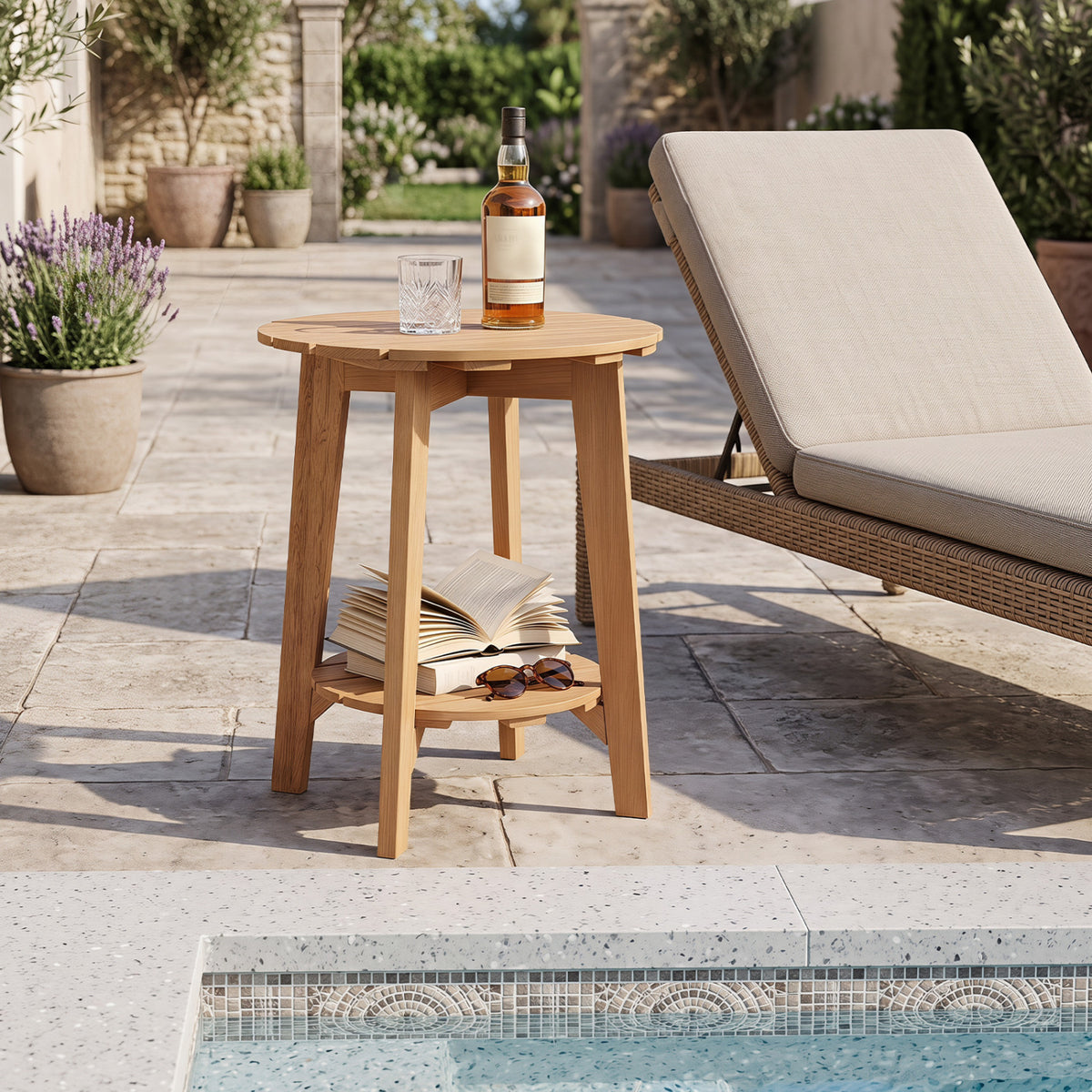 2-Tier Eucalyptus Wood Side Table with Slatted Tabletop and Storage Shelf for Outdoor-Natural view 2