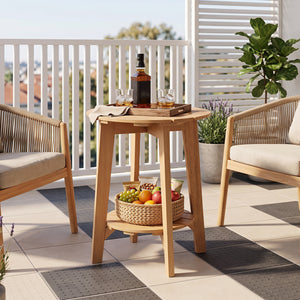 2-Tier Eucalyptus Wood Side Table with Slatted Tabletop and Storage Shelf for Outdoor-Natural view 3