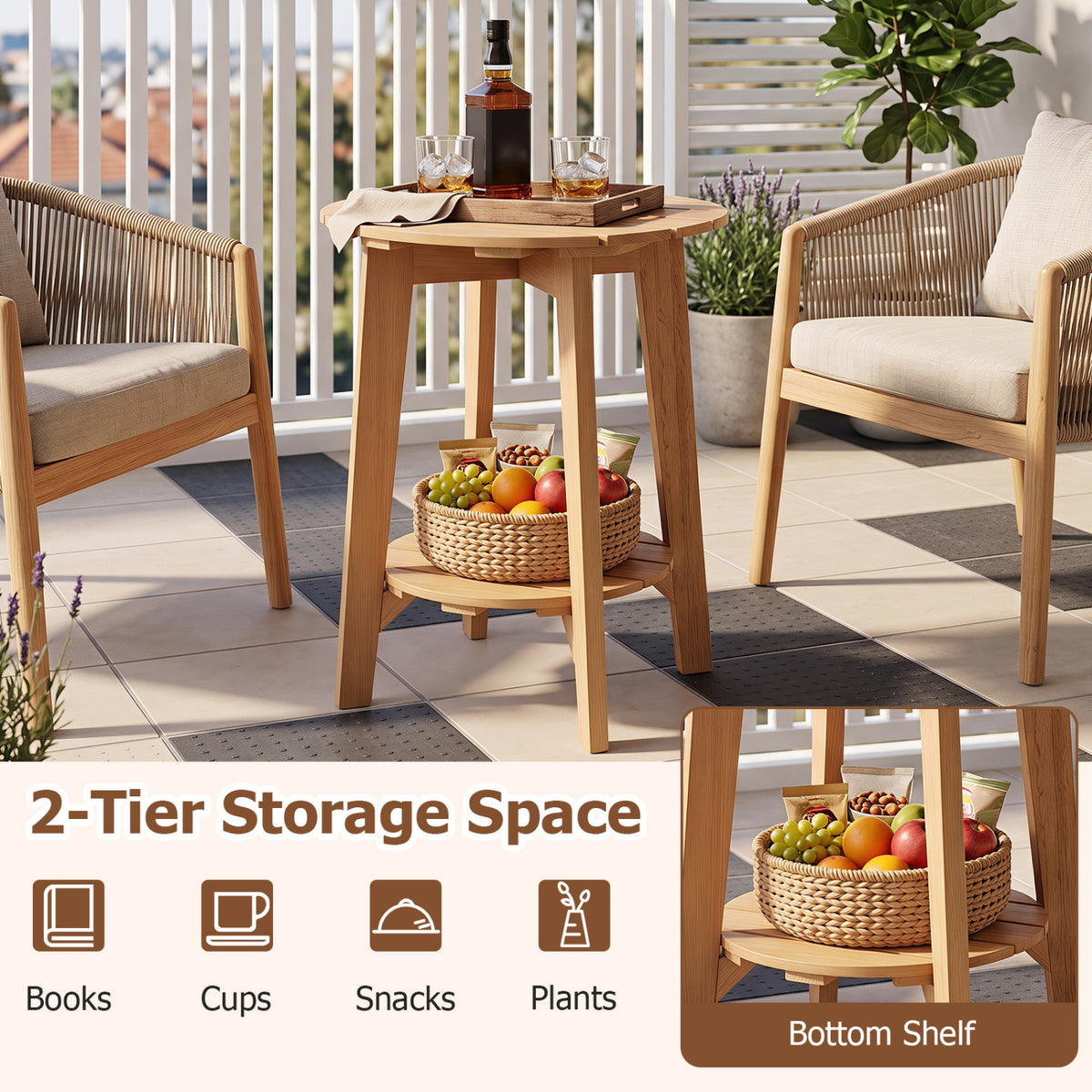 2-Tier Eucalyptus Wood Side Table with Slatted Tabletop and Storage Shelf for Outdoor-Natural view 7