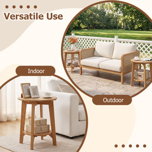 2-Tier Eucalyptus Wood Side Table with Slatted Tabletop and Storage Shelf for Outdoor-Natural view 9