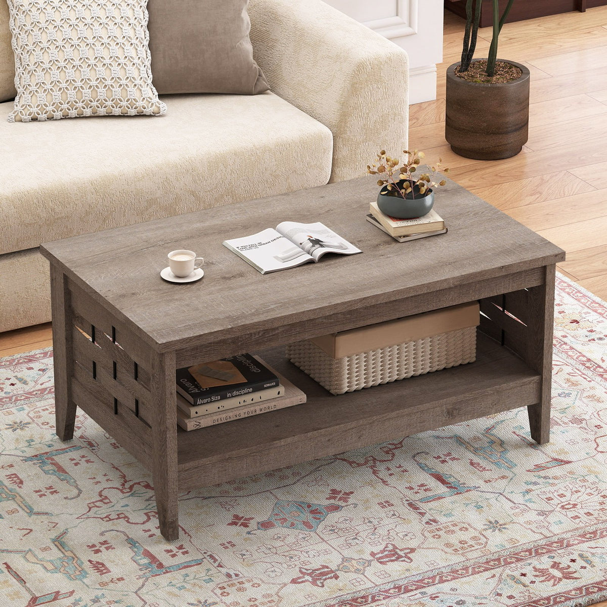 2-Tier Farmhouse Coffee Table with Open Shelf and Woven Decorations for Living Room-Oak view 2