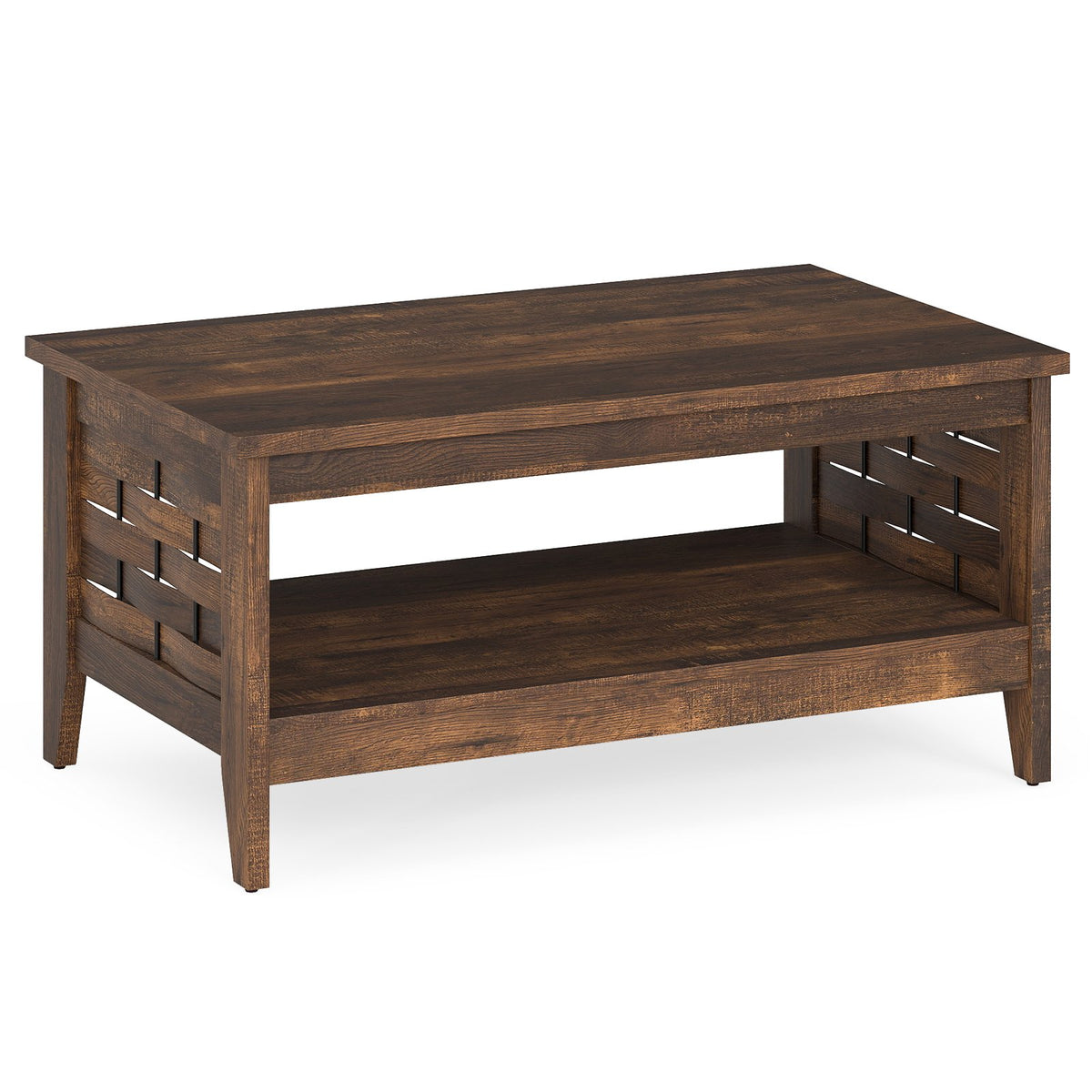 2-Tier Farmhouse Coffee Table with Open Shelf and Woven Decorations for Living Room-Rustic Brown