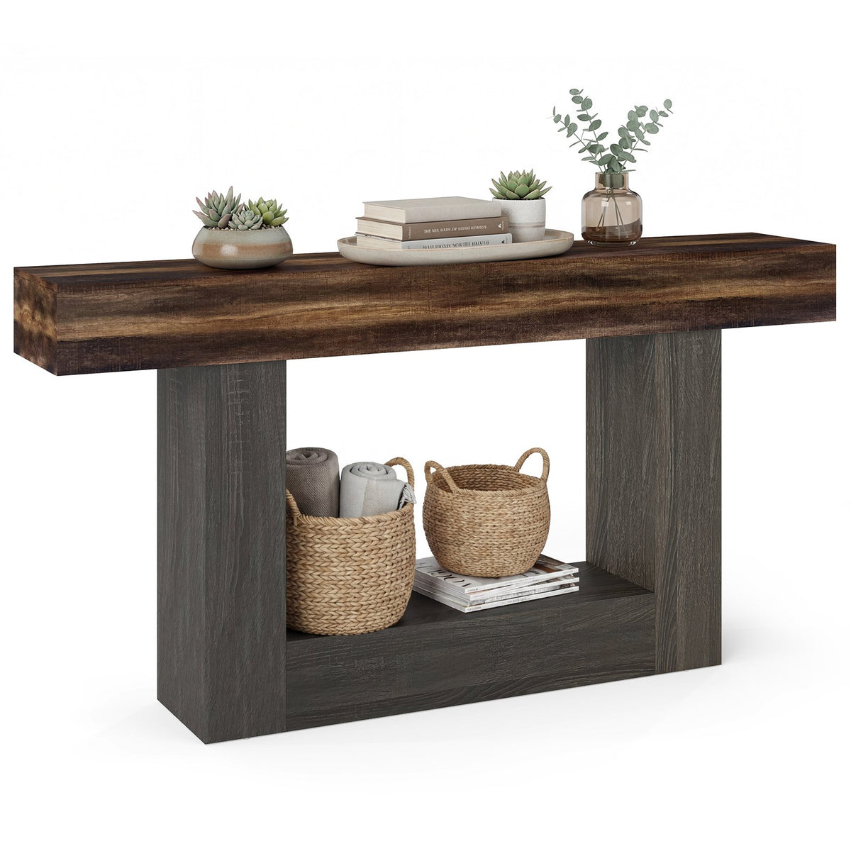2-Tier Farmhouse Console Table 63 inches Long with Storage Shelf-Rustic Brown