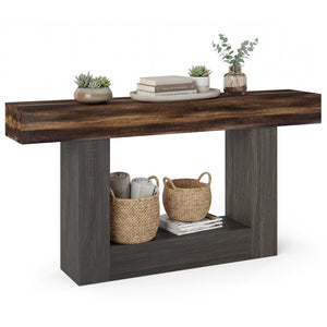 2-Tier Farmhouse Console Table 63 inches Long with Storage Shelf-Rustic Brown
