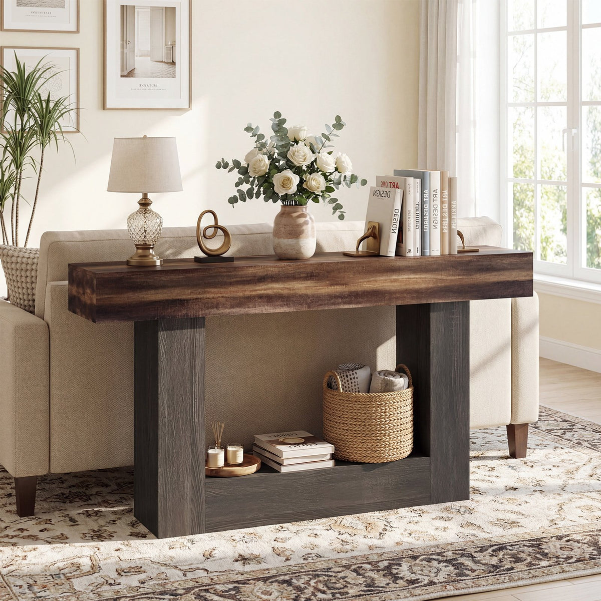 2-Tier Farmhouse Console Table 63 inches Long with Storage Shelf-Rustic Brown view 2
