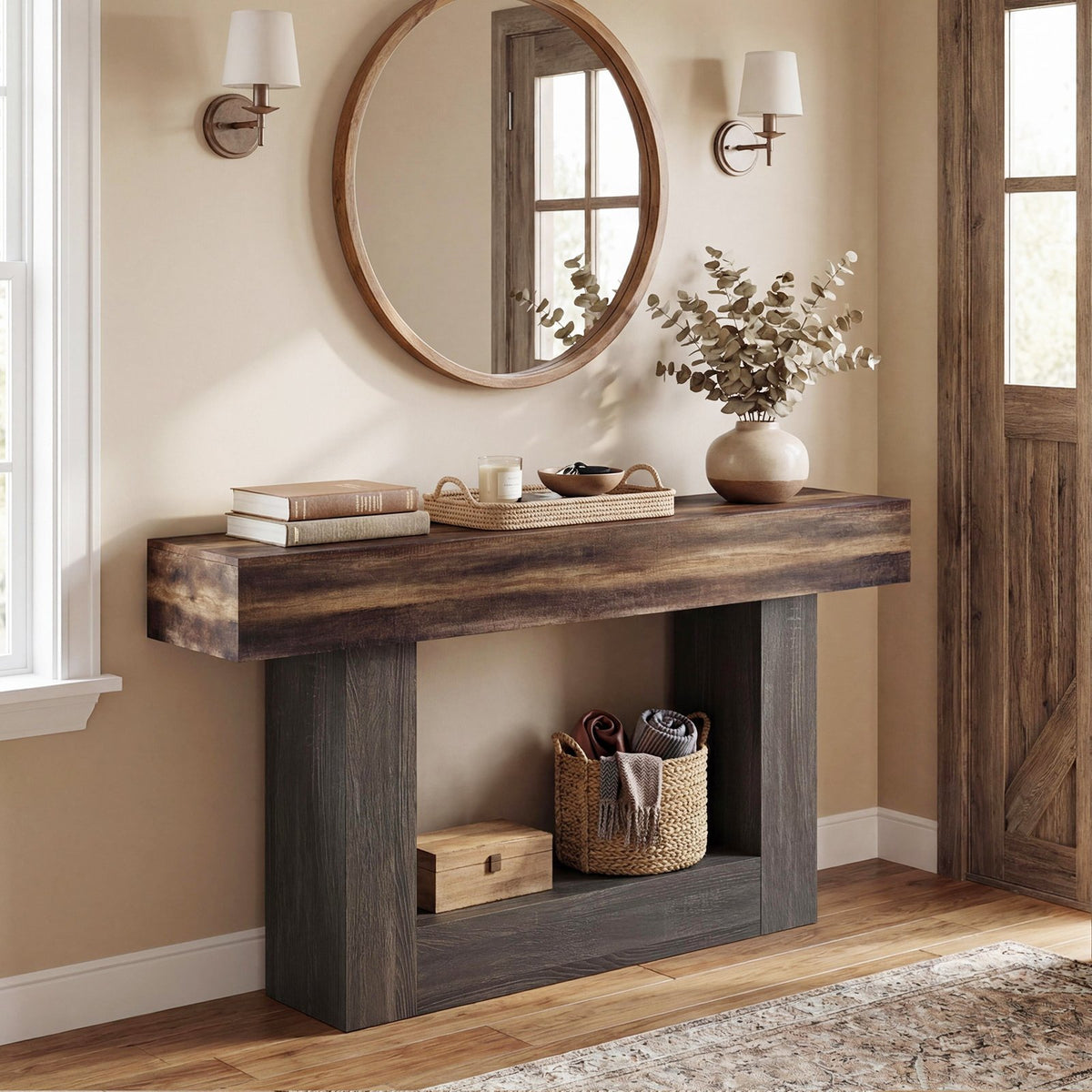2-Tier Farmhouse Console Table 63 inches Long with Storage Shelf-Rustic Brown view 3