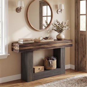 2-Tier Farmhouse Console Table 63 inches Long with Storage Shelf-Rustic Brown view 3