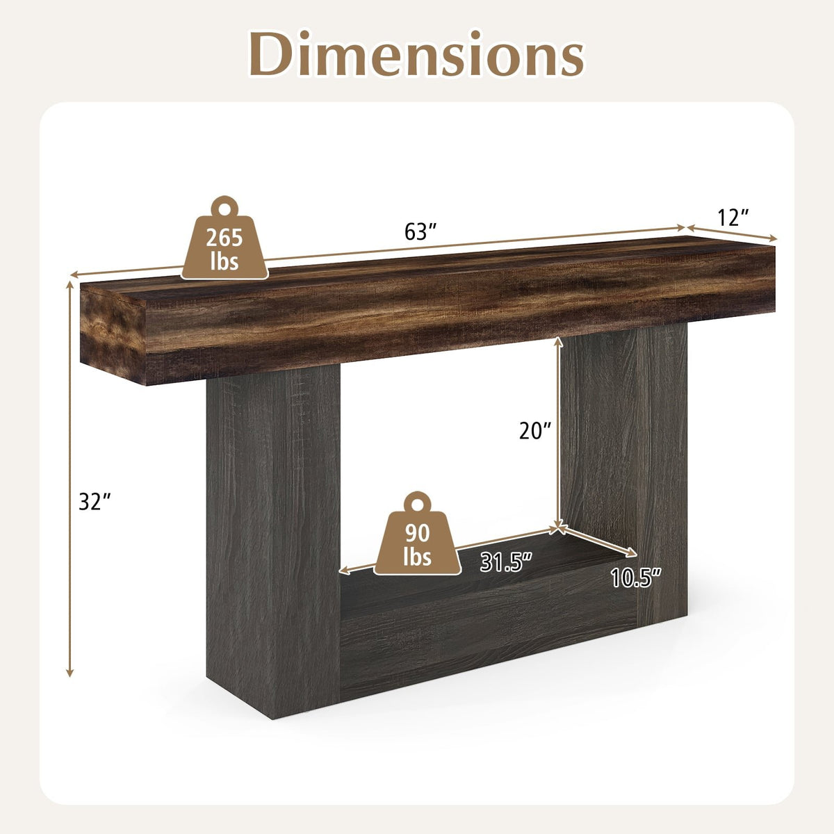 2-Tier Farmhouse Console Table 63 inches Long with Storage Shelf-Rustic Brown view 5