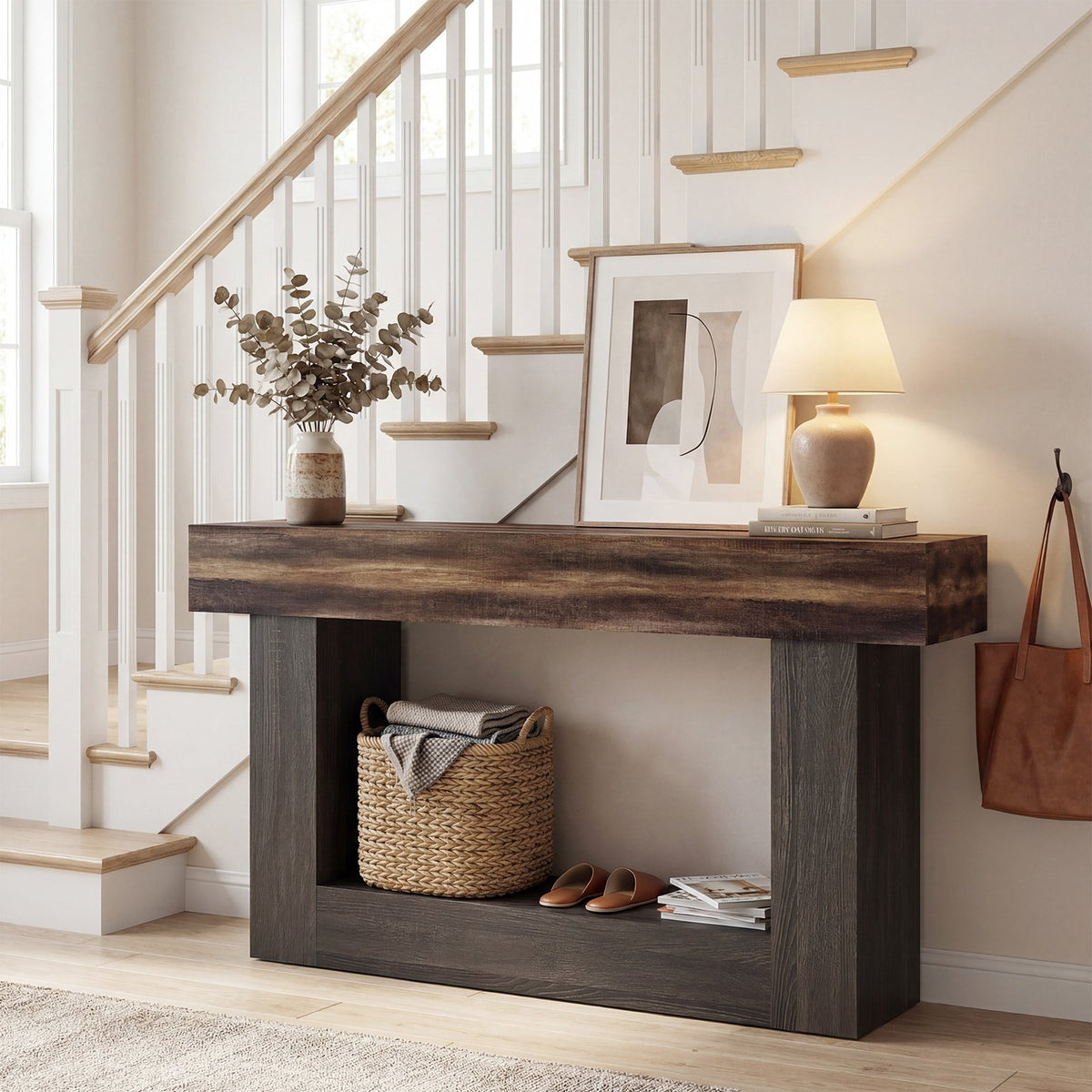 2-Tier Farmhouse Console Table 63 inches Long with Storage Shelf-Rustic Brown view 6