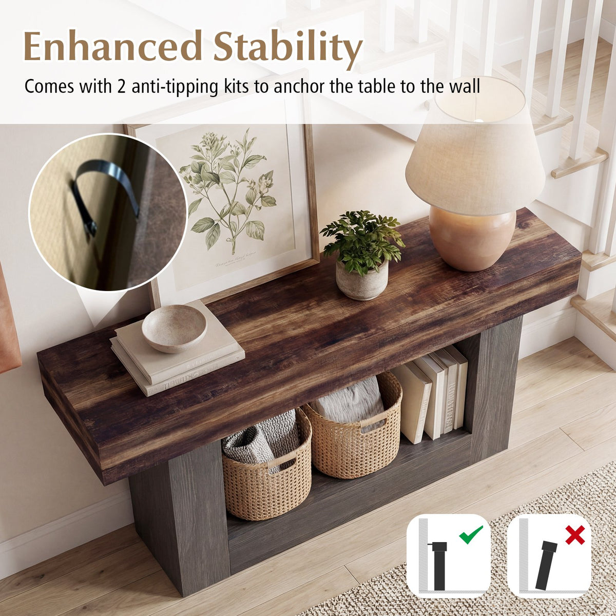 2-Tier Farmhouse Console Table 63 inches Long with Storage Shelf-Rustic Brown view 9