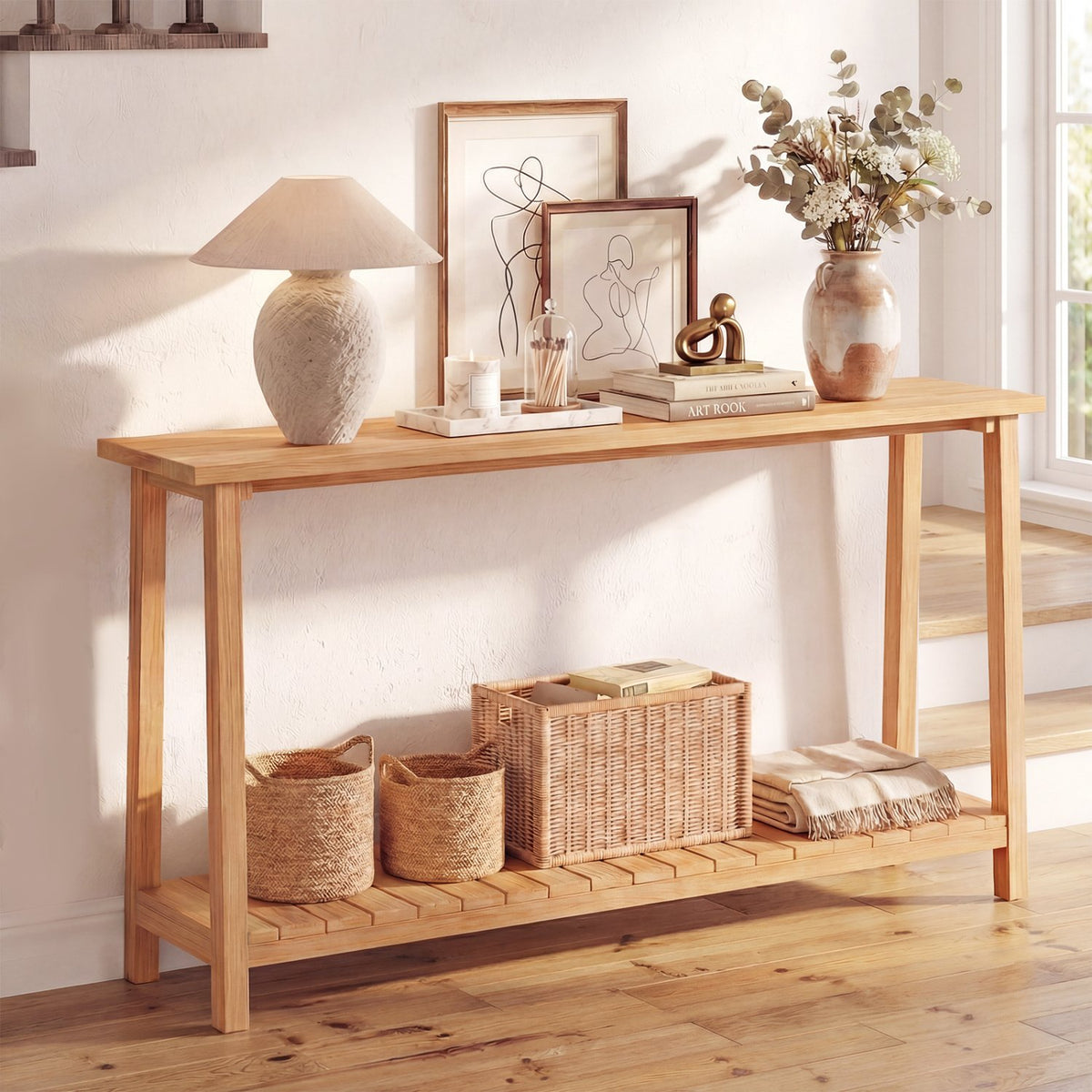 2-Tier Farmhouse Sofa Table with Teak Wood Frame and Storage Shelf view 2