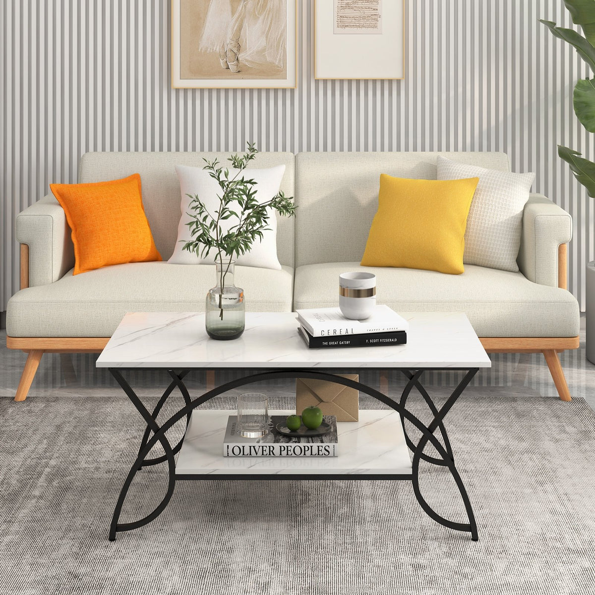 2-Tier Faux Marble Coffee Table with Marble Top and Metal Frame-Black & White view 2