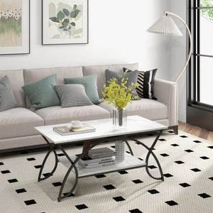 2-Tier Faux Marble Coffee Table with Marble Top and Metal Frame-Black & White view 3
