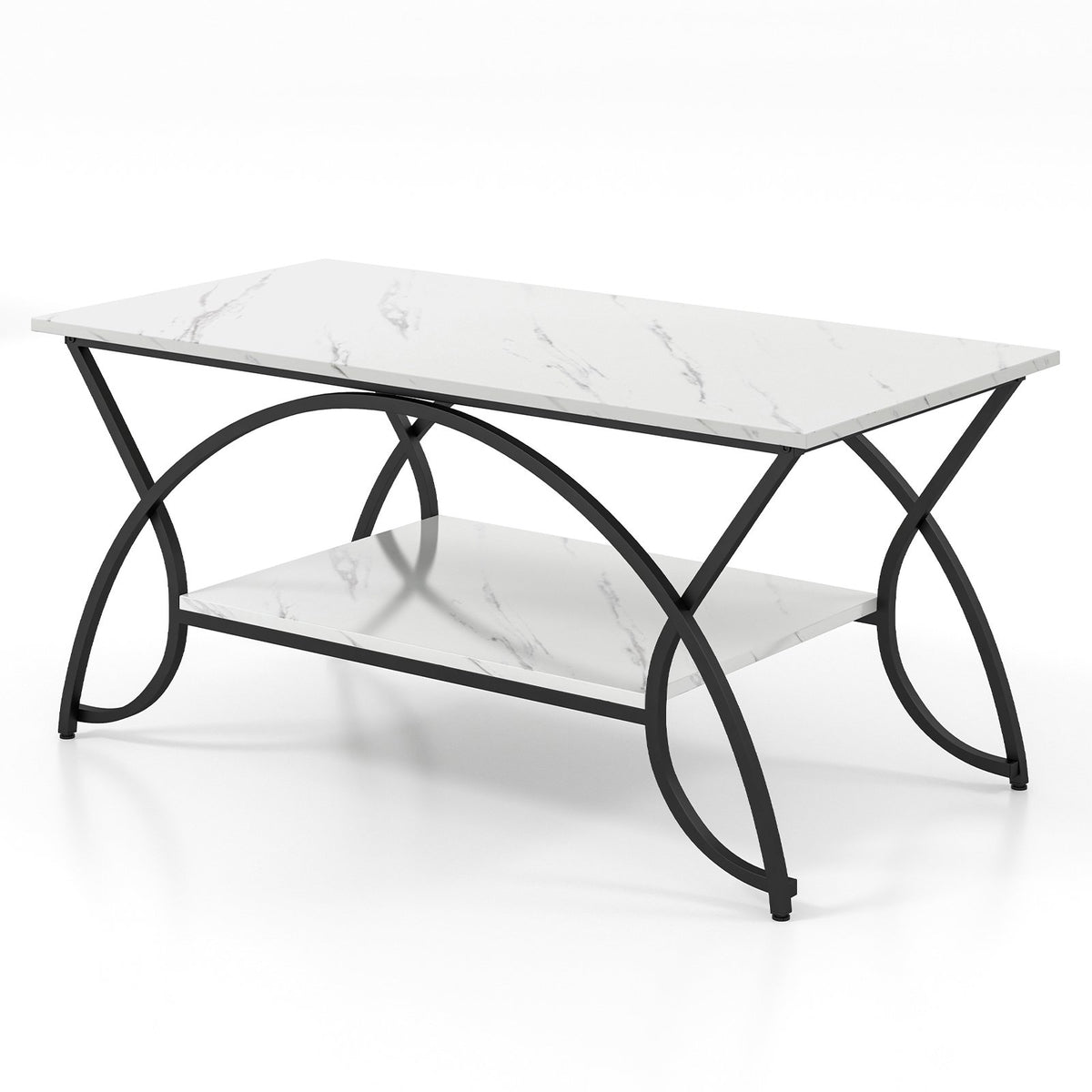 2-Tier Faux Marble Coffee Table with Marble Top and Metal Frame-Black & White view 4