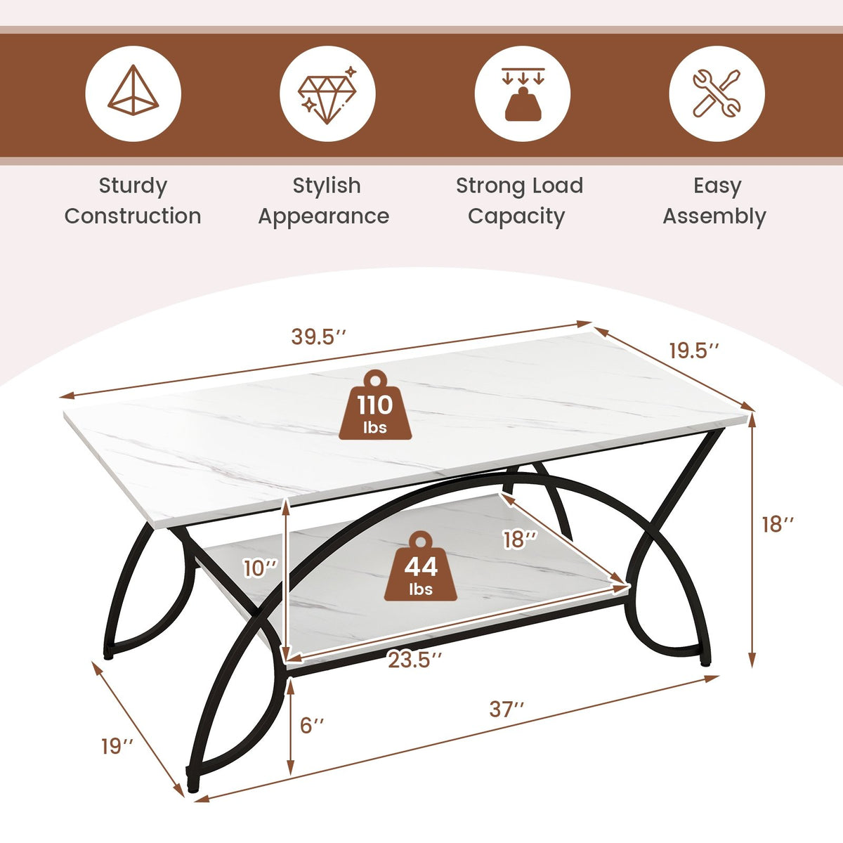2-Tier Faux Marble Coffee Table with Marble Top and Metal Frame-Black & White view 5