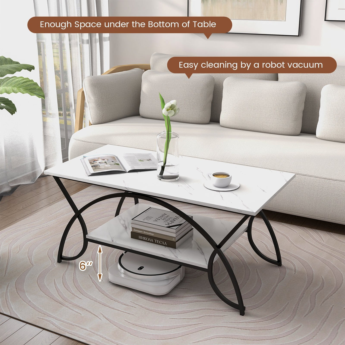 2-Tier Faux Marble Coffee Table with Marble Top and Metal Frame-Black & White view 6