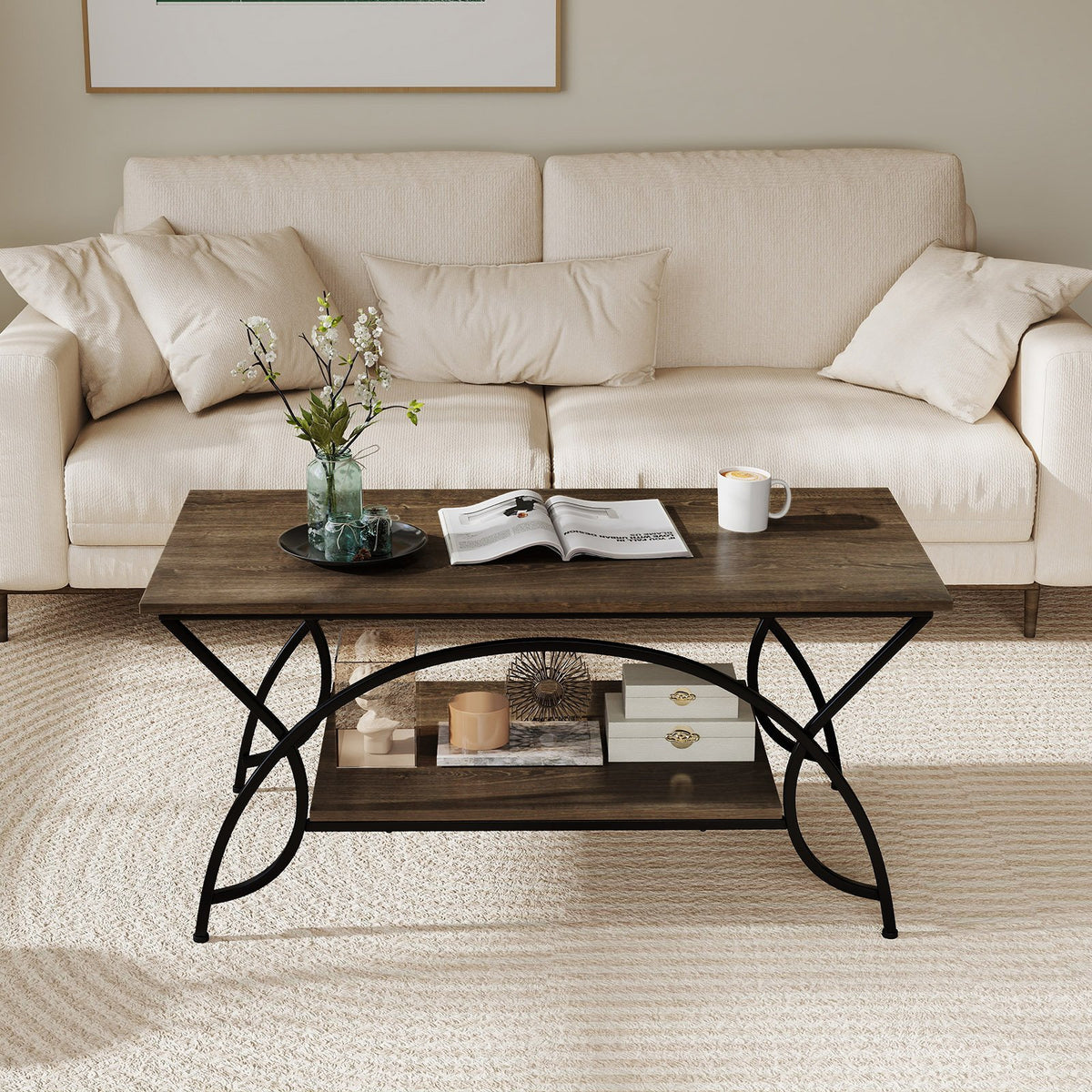 2-Tier Faux Marble Coffee Table with Marble Top and Metal Frame-Oak view 2