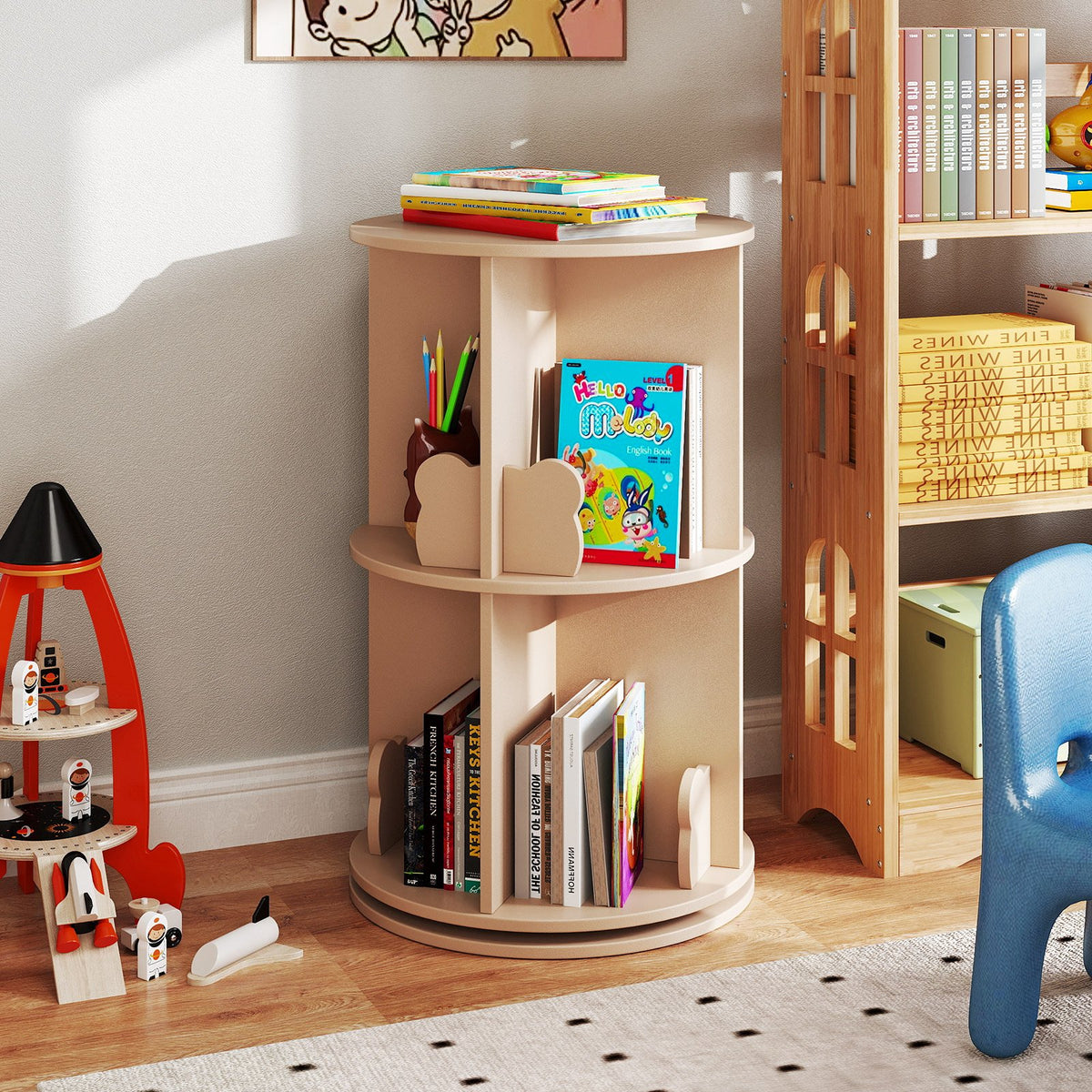 2 Tier Freestanding Kids Rotating Bookshelf Storage Rack with Bear Baffles-Natural view 2