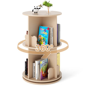 2 Tier Freestanding Kids Rotating Bookshelf Storage Rack with Bear Baffles-Natural view 4
