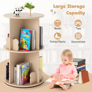 2 Tier Freestanding Kids Rotating Bookshelf Storage Rack with Bear Baffles-Natural view 7
