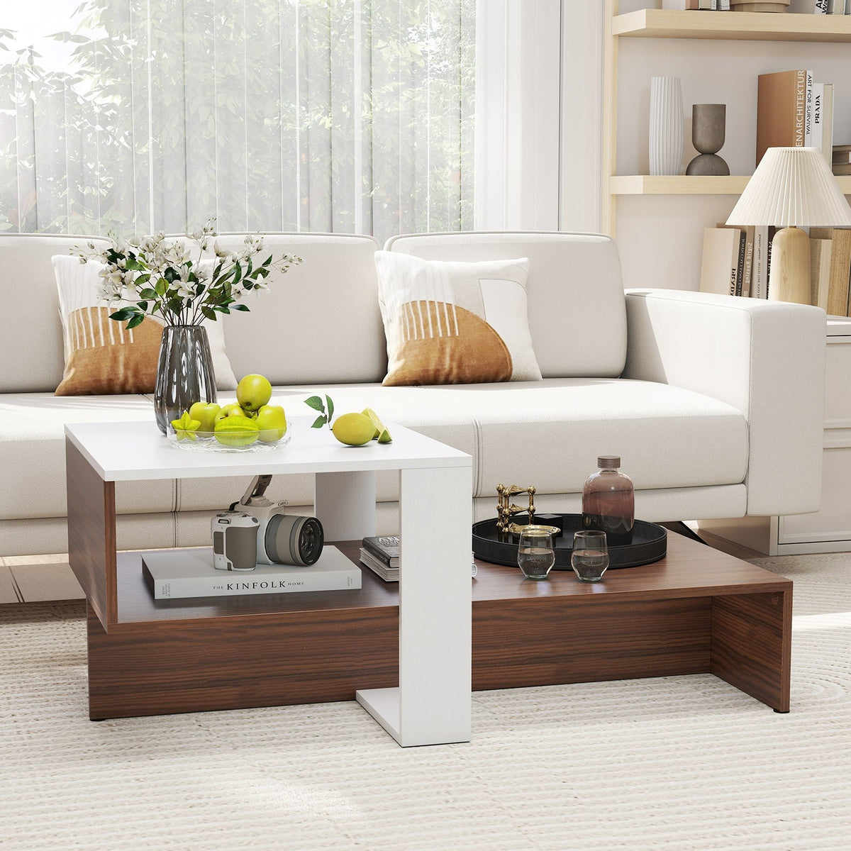 2-Tier Geometric Coffee Table with Storage Shelves for Living Room and Reception Room-White and Brown view 3