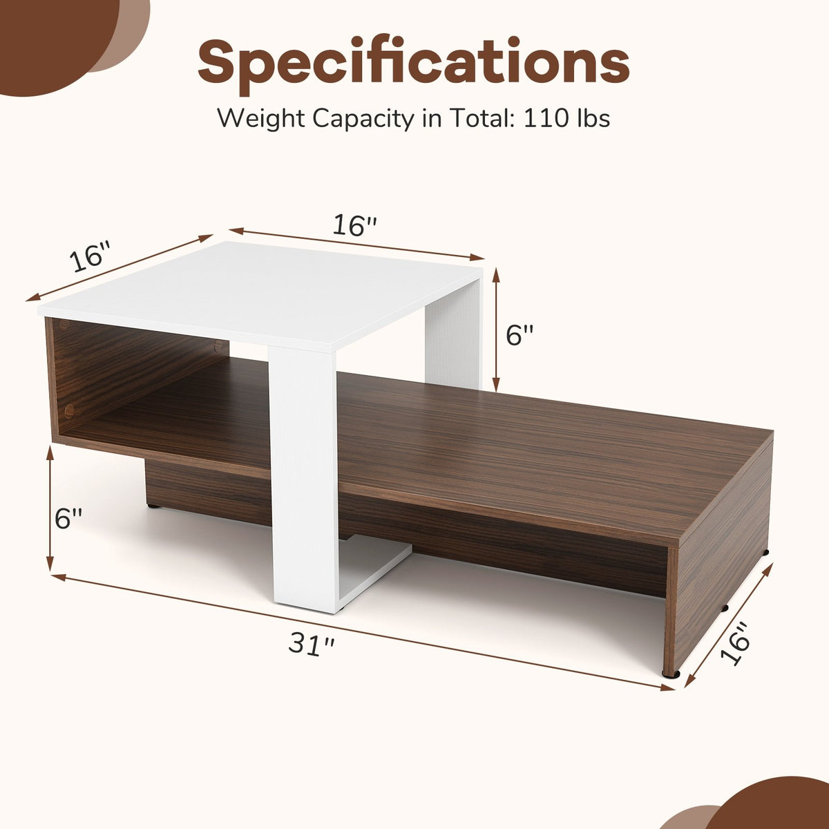 2-Tier Geometric Coffee Table with Storage Shelves for Living Room and Reception Room-White and Brown view 5