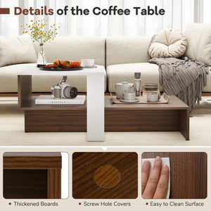 2-Tier Geometric Coffee Table with Storage Shelves for Living Room and Reception Room-White and Brown view 6