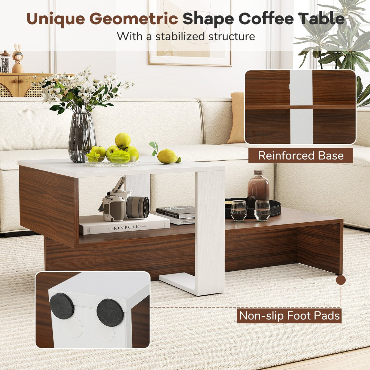 2-Tier Geometric Coffee Table with Storage Shelves for Living Room and Reception Room-White and Brown view 7