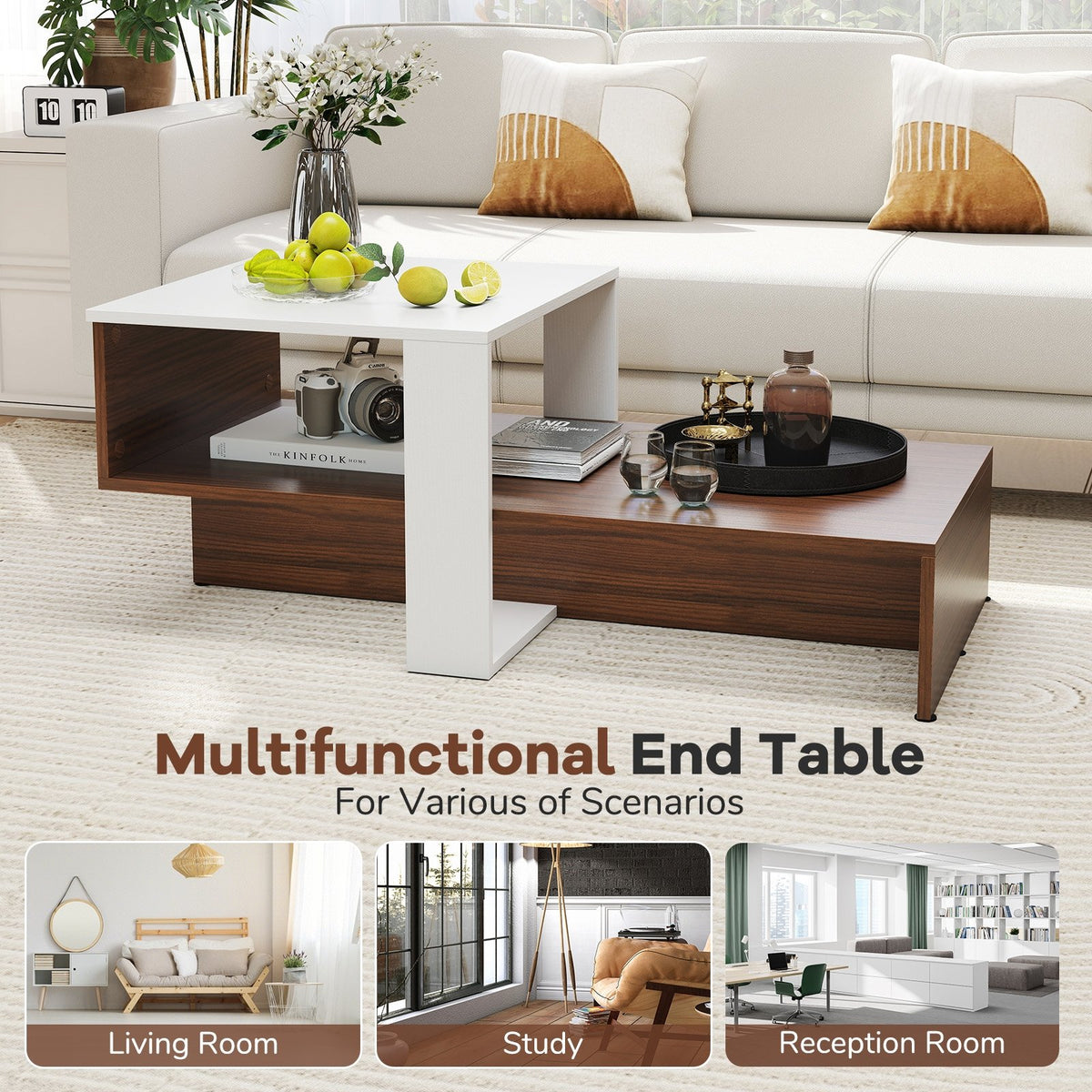 2-Tier Geometric Coffee Table with Storage Shelves for Living Room and Reception Room-White and Brown view 8