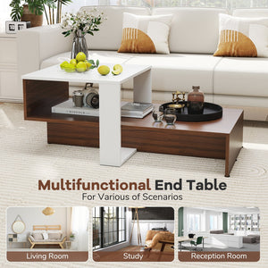 2-Tier Geometric Coffee Table with Storage Shelves for Living Room and Reception Room-White and Brown view 8