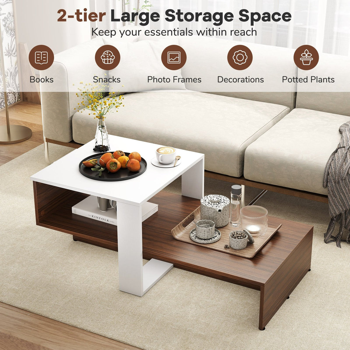 2-Tier Geometric Coffee Table with Storage Shelves for Living Room and Reception Room-White and Brown view 9