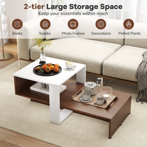2-Tier Geometric Coffee Table with Storage Shelves for Living Room and Reception Room-White and Brown view 9
