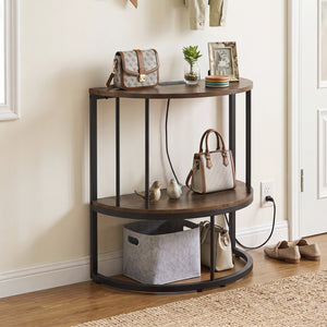 2-Tier Half Moon Console Table with Power Outlets and Storage Shel for Hallway-Rustic Brown view 2