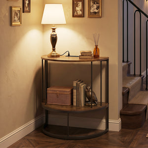 2-Tier Half Moon Console Table with Power Outlets and Storage Shel for Hallway-Rustic Brown view 3