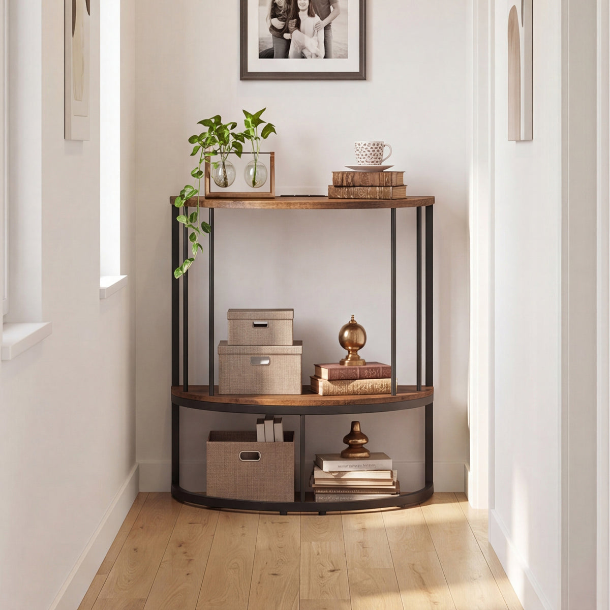 2-Tier Half Moon Console Table with Power Outlets and Storage Shel for Hallway-Rustic Brown view 6