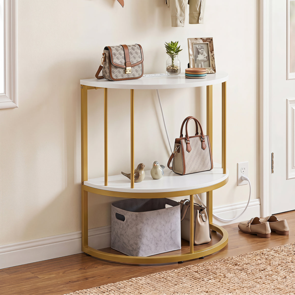 2-Tier Half Moon Console Table with Power Outlets and Storage Shel for Hallway-White view 2